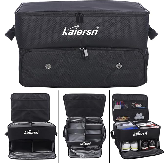 2 Layer Golf Trunk Organizer, Waterproof Car Golf Locker with Separate Ventilated Compartment for 2 Pair Shoes, Golf Trunk Storage for Balls, Tees, Clothes, Gloves, Accessories, Golf Gifts