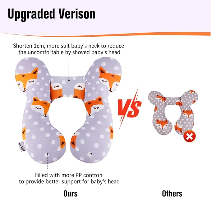 KAKIBLIN Baby Travel Pillow,Baby Neck Pillows for Car Seat,Upgraded Head Pillow,Newborn Head and Neck Support Pillow for Car Seat, Stroller, Pushchair,Travel (Gray Fox)