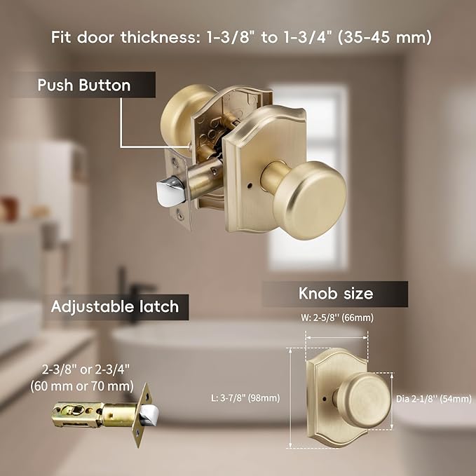Interior Pismo Doorknobs for Bath & Bedroom, Gold Door Knobs with Camelot Trim, Satin Brass Door Knob with Lock