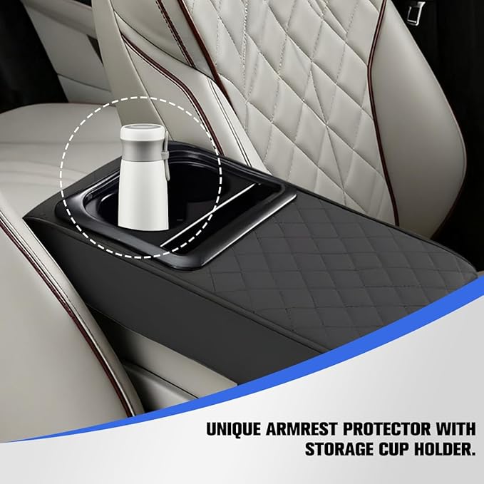 Car Center Console Armrest Pillow, Vehicle Armrest Seat Box Cushion Pad with Cup Holder & Phone Holder, Comfortable Auto Middle Console Cover, Universal for SUV RV Truck (Diamond, Black)