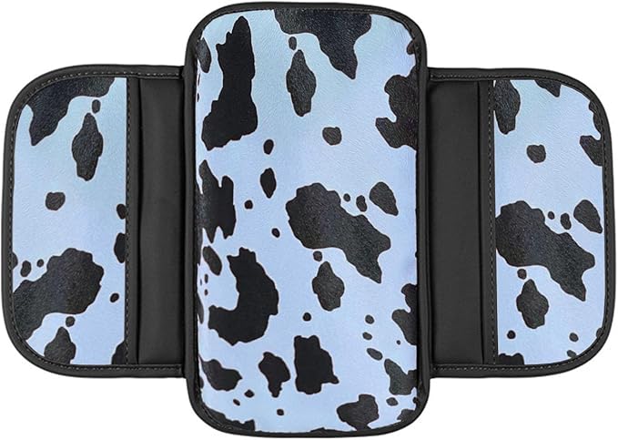 Cow Print Car Center Console Cover PVC Leather Armrest Cushion with 2 Storage Bags Universal Car Armrest Seat Box Pad Car Interior Accessories Protector for Women Men (Blue Black)