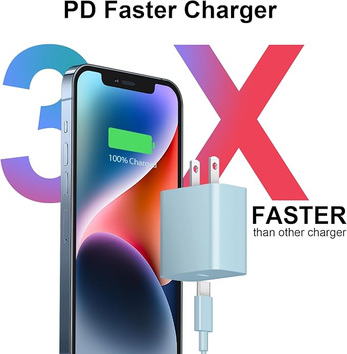 iPhone 17 16 15 Charger Fast Charging 2+2Pack 20W USB C Wall Charger with 10FT Fast Charging Cable Compatible with iPhone 17/17 Air/17 Pro/17 Pro Max/iPhone 16/15 Series, iPad Pro/AirPods-Blue