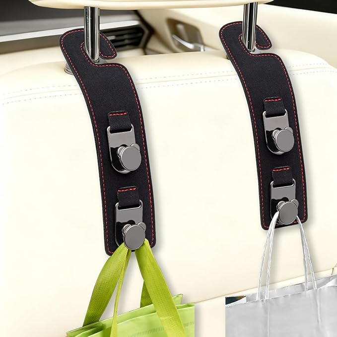HZEL 2PCS Car Seat Headrest Hooks, Dual Hook Suede Vehicle Backseat Storage Holder for Purse Handbag Coat, Multifunctional Auto Seat Back Grocery Hanger Organizer, Universal for Vehicles (Black)