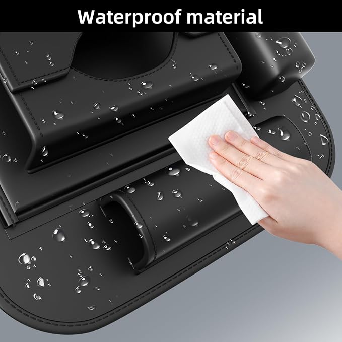 Universal Premium Leather Foldable Car Backseat Organizer with Table Tray, Car Seat Back Protector with Garbage Bag Touch Screen Pad Holder, Car Kick Mats Protector with Tissue Holder (Black)