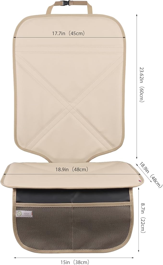 Car Seat Protector Leather Waterproof Child Safety Seat Protector Cover with Thick Pad and 2 Large Pockets Durable Kick Mat for All Auto Seat (Beige)