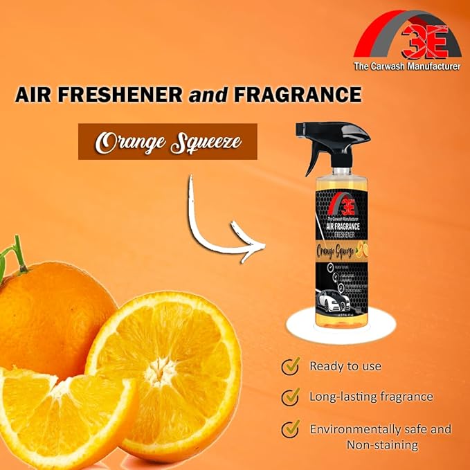 3E Car Air Freshener Premium Orange Squeeze Scent 16 fl oz – Professional Automotive Air Freshener & Odor Eliminator, Long-Lasting Interior Fragrance for Cars, Trucks, SUVs, RV, Home & Office (ORANGE)