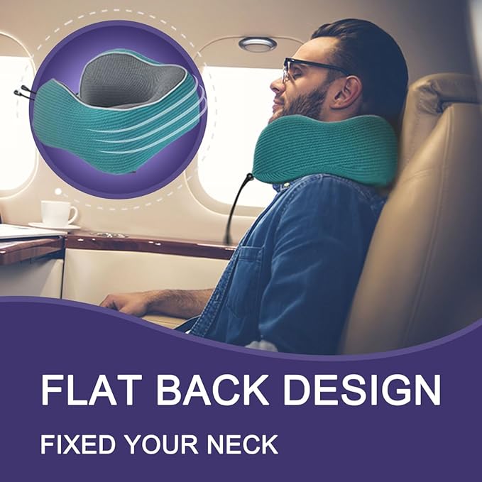 napfun Neck Pillow for Traveling, Upgraded Travel Neck Pillow for Airplane 100% Pure Memory Foam Travel Pillow for Flight Headrest Sleep, Portable Plane Accessories, Teal Striped Kit