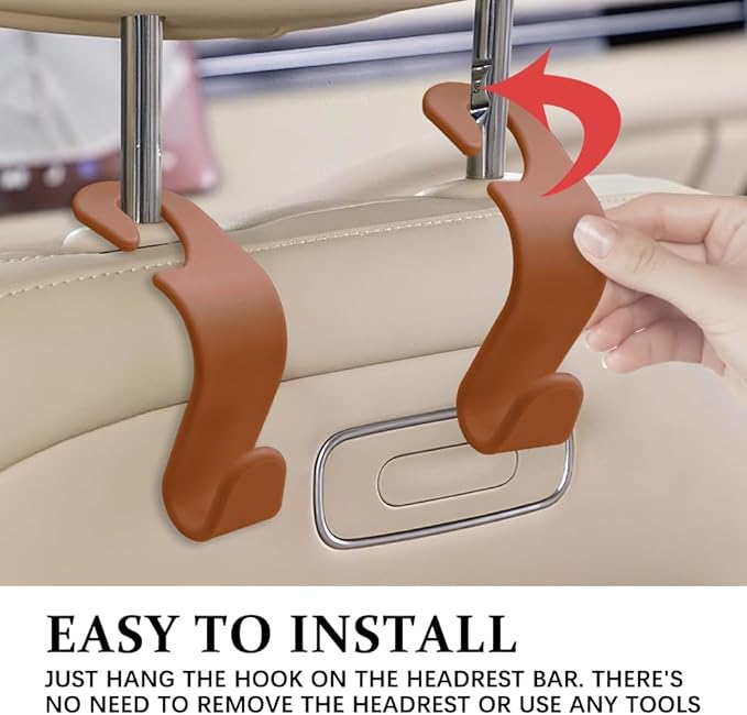 4PCS Car Seat Headrest Hooks, Purse Hook for Car, Auto Back Seat Organizer Storage Hanger Holder, Auto Accessories Multi-Use Portable Headrest Organizer Holder for Purse Handbag Coats (Brown)