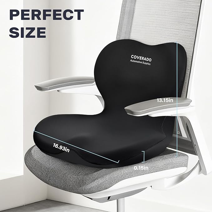 Coverado Car Seat Cushion and Lumbar Support Pillow One Piece, Memory Foam Ergonomic Back Support Driving Seat Cushion for Back Pain, Non-Slip Washable Cushion for Car, Driver, Office