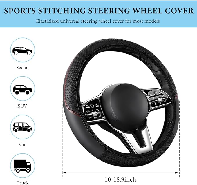 Car Steering Wheel Cover, 15 Inch Anti-Slip Stretch Leather Steering Wheel Protector, Comfortable Breathable Sporty Steering Wheel Cover for Women Men, Car Accessories (Black, AD)