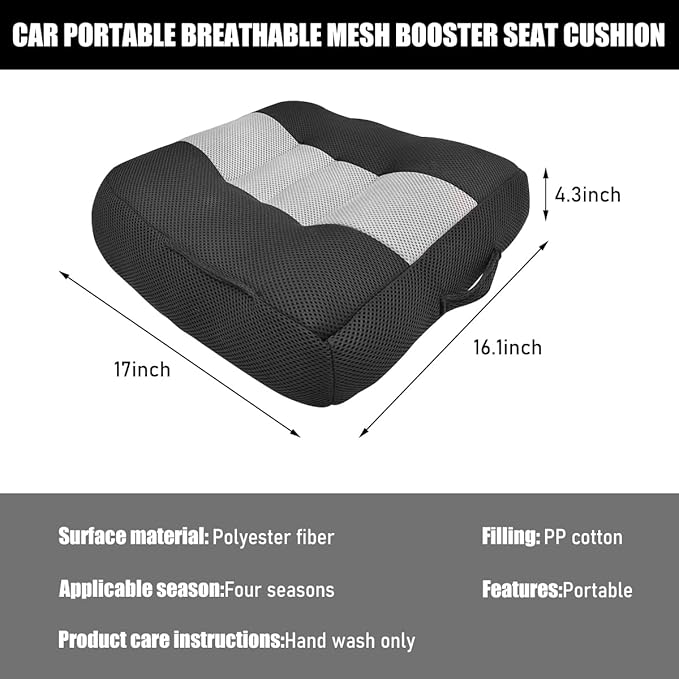 Car Booster Front Seat Cushion, Breathable Mesh Adult Booster Seat Pad, Portable Increasing Height Cushion for Most Cars, Offices, Homes, Universal Car Accessories (Black&Gray)