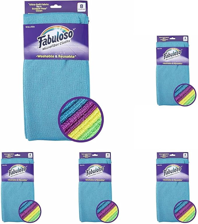 Fabuloso Microfiber Cleaning Cloths for_Home & Car,Lint-Free Scratch-Free Rags for_Glass,Kitchen,Wood,Reusable Machine Washable,Absorbent for Dusting,Wiping, Rainbow, 13 x 13 in, 8 Count (Pack of 5)