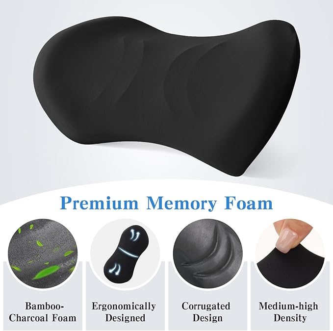 Lumbar Support Pillow for Office Chair and Car - Ergonomic Memory Foam Back Support Cushion for Automotive Seat, Desk Chair, and Recliner (Black)