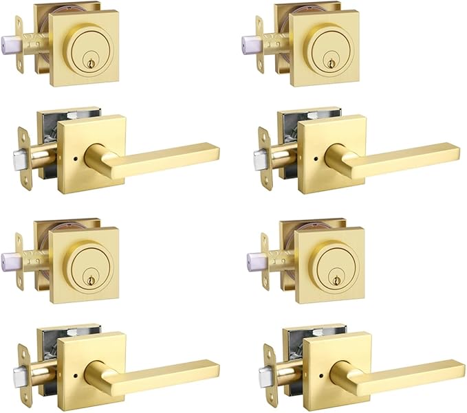 Front Door Handle with Deadbolt Lock Set, Keyed Alike Heavy Duty Privacy Handles Locksets, (4Pack-Set,Satin Brass)