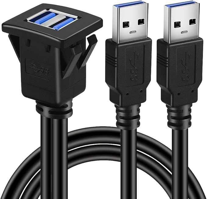 BATIGE Dual Ports Square USB 3.0 Panel Flush Mount Extension Cable with Buckle for Car Truck Boat Motorcycle Dashboard 6ft