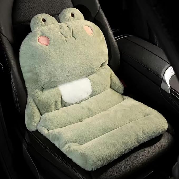 Cute Car Seat Cushion, Cartoon Plush Car Pillow for Driving Seat, Lumbar Support Pillow for Car with Anti-Slip Design, All-Season Car Headrest and Back Pillow for Cars, Chair, Wheelchair (Frog)
