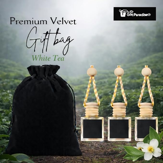 Gift Paradise® White Tea Luxury Spa Car Air Freshener Set of 3 (10ml Each) – Clean Fresh Hanging Diffuser with Wooden Cap, Long Lasting Car Perfume, Gift for Women & Men