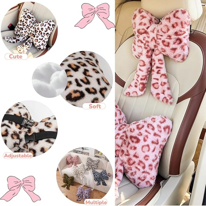 LYFJMUS 4 Pack Plush Bow Car Headrest Pillow and Lumbar Support Pillow Soft Butterfly Car Neck Pillows for Driving Cars Decor (Pink Leopard)