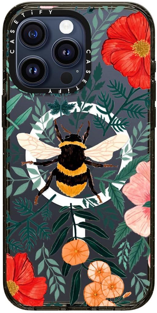 CASETiFY Impact iPhone 15 Pro Max Case [4X Military Grade Drop Tested / 8.2ft Drop Protection/Compatible with Magsafe] - Bee in The Flowers - Clear Black