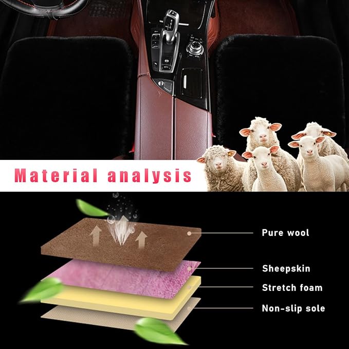 2 PCS Sheepskin Car Seat Cushion, Comfortable Soft Fur Wool Auto Front Seat Cover, Vehicle Seat Protector Pad for Warm Winter Office Chair, Universal Decor Car Accessories (Black)