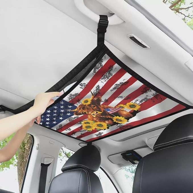 Cow USA Flag Car Roof Storage Bag Car Roof Seat Organizer Premium Car Seat Organizer One-Size-Fits Car Travel Accessories