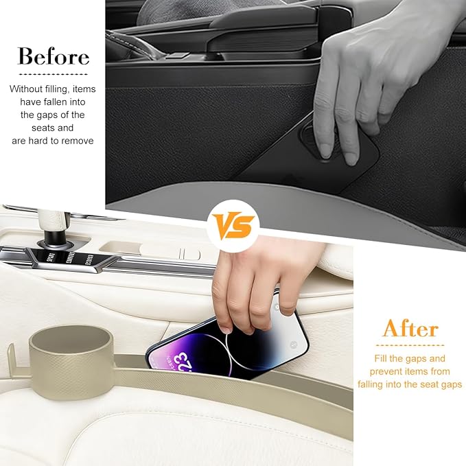 2PCS Car Seat Gap Filler, Dual Slot Carbon Fiber Vehicle Side Seat Gap Organizer Strip with Cup Holder, Auto Console Guard Spacer Stop Things from Dropping, Universal Fit (Beige)