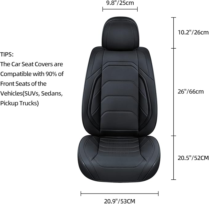 Black Car Seat Covers Front Pair, Breathable Leather Automotive Front Seat Covers & Headrest for Comfortable Driving, Universal Auto Interior Fit for Most Kinds of Vehicles, SUV, Sedans