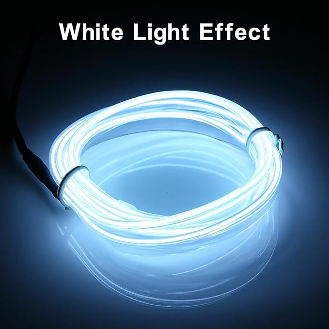 EL Wire Interior Car LED Strip Lights, 16.5FT USB Neon Glowing Strobing Electroluminescent Wire Lights with 6mm Sewing Edge, Ambient Lighting Kits for Car Indoor Decoration (White)