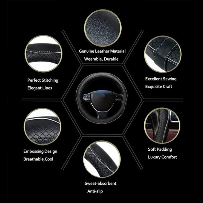 ESEWALAS Universal Car Steering Wheel Cover,Anti-Slip Leather Steering Wheel Cover,Sports Style Steering Wheel Protector,Car Interior Accessories Auto Steering Wheel Covers (Black with Gray)
