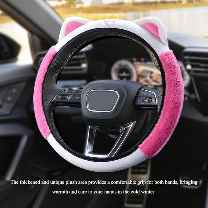 Car Steering Wheel Cover, 15 Inch Fluffy Soft Plush Auto Protector, Anti-Slip Elastic Lovely Car Cover Accessories with Kitty Cat Ears Universal for Most Vehicles (Fluffy-White+Rose Pink)