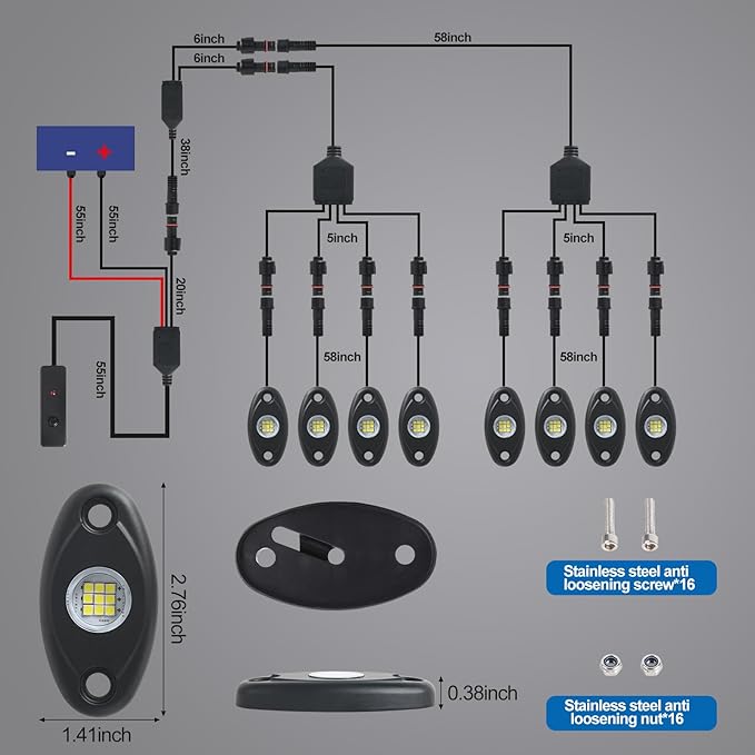 12pods White Rock Lights Dc 12v 6000k Aluminum Alloy Pure White Led Rock Lights with Switch Wiring Harness Kit Ip68 Waterproof for Trucks Pickup Off-Road Cars SUV Utv ATV Rv RZR Underglow Lights