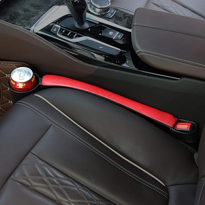 Supin 2 Prices Car Seat Gap Filler Pad PU Leather Console Side Pocket Organizer and one Cup for Cellphone Wallet Coin Key (Black+Red)