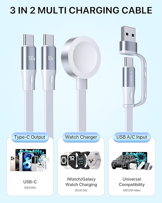 CAFELE 100W Retractable USB-C to USB-C 5A Fast Charging 3-in-1 Cable, Features Magnetic Charging and Overheating Protection, 4.3-Foot USB Type-C for Phone, Notebook, Pad, Watch（White）