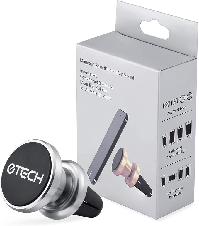 eTECH Magnetic Phone Car Mount Holder, Magnetic Mount Universal Air Vent for iPhone X / 8 Plus / 7 / 6S / 5S, Galaxy S5 / S6 / S7 / S8 / S9, Google Pixel, LG, & Other Smartphones (2Pack Silver)