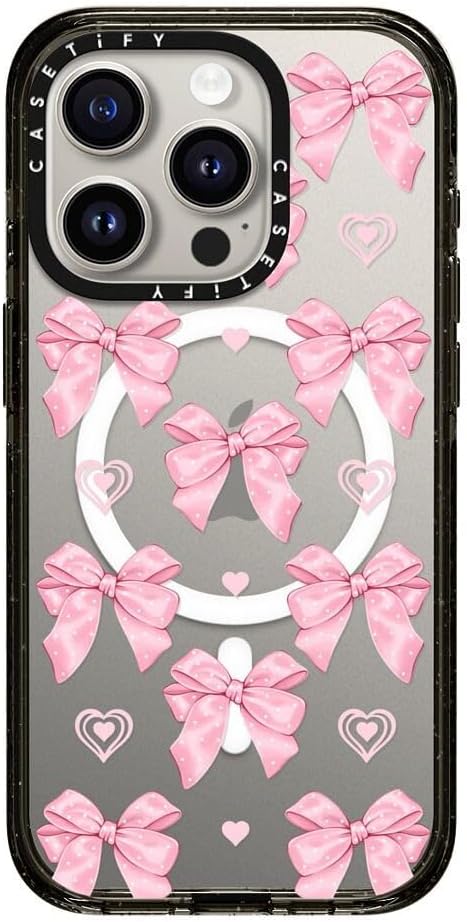 CASETiFY Impact Case for iPhone 15 Pro [8.2ft 4X Military Grade Drop Protection/Compatible with Magsafe] - Pink Bows - Clear Black