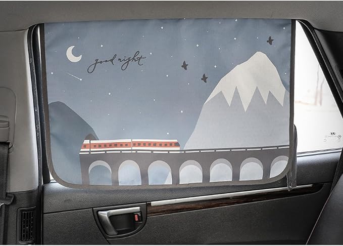 Magnetic Car Sun Shade Curtain for Side Window – Sun Blocker and UV Protector for Baby, Kids, and Pets – Universal Fit with Built-in Magnets for Steel-Framed Door (Bebe Train)