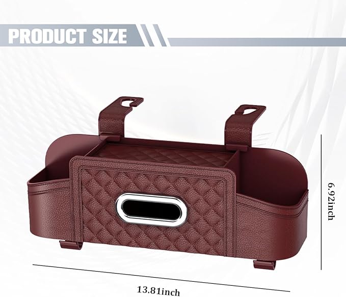 Car Backseat Organizer, 4-in-1 Multifunctional Vehicle Seat Back Tissue Box with Cup Holder & Hook, Auto Backseat Hanging Storage Box for Bag Phone Drink, Universal for Vehicles (Wine Red)