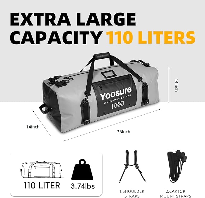 Waterproof Duffel Bag 110L- 700D PVC Dry Bag with Airtight Zipper, Large Dry Bag with Straps&Handles for Camping Boating Kayaking Rafting Canoeing Gym Beach Car Roof Storage (Grey)