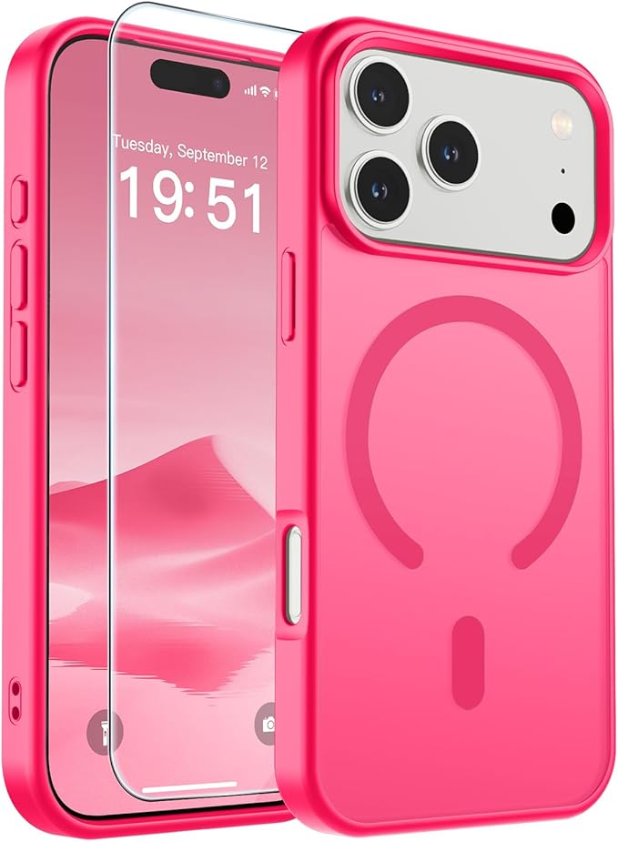 SUPFINE Magnetic for iPhone 17 Pro Case (Compatible with MagSafe)(Military Grade Drop Protection) Translucent Matte Shockproof with Anti-Fingerprint Phone Cover 2025,Hot Pink
