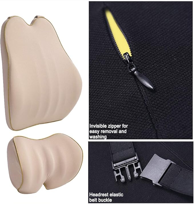 Car Lumbar Support Back Cushion & Headrest Neck Pillow Kit Cushion Memory Foam Universal Fit Major Car Seat with Back Pain Relief for Car Office Home 1PCS Beige