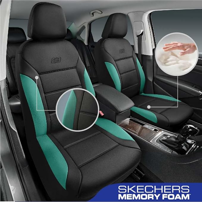 Skechers Memory Foam Car Seat Covers, Lycra Fabric Seat Covers Thick Memory Foam, Front Car Seat Protector, Airbag Compatible, Automotive Comfort Protection for Most Cars,Trucks, SUVs,Green