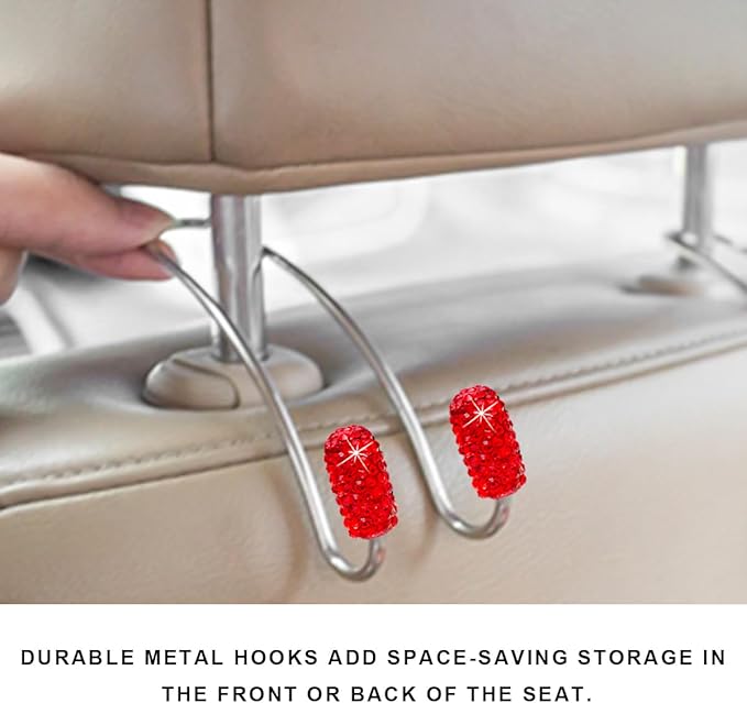 2PCS Car Headrest Hook, Bling Diamond Auto Hooks Stainless Steel Backseat Hangers, Universal Rhinestone Cute Seat Back Organizer Hanger for Purse Bag Clothes, Car Accessories (Red)