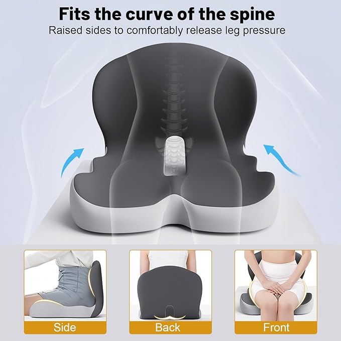Car Seat Cushion for Long Driving, Ergonomic Memory Foam Seat Cushion, Car Seat Cushion for Back Pain and Lumbar Support Non Slip and Easy Clean for Driving Gaming Chair and Travel A Dark Gray