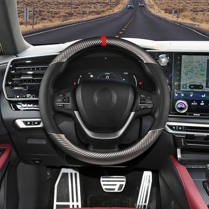 Carbon Fiber Car Steering Wheel Cover, Universal 15 inch Breathable Anti Slip Steering Wheel Covers, Car Interior Accessories Steering Wheel Protector for Men & Women, Fit for Most Cars (Black/Gray)