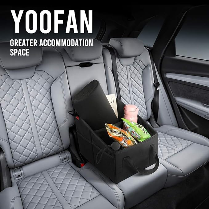 YOOFAN Car Seat Organizer - Passenger Seat Organizer, Collapsible Small Car Seat Storage Organizer for Console Front/Back, Automotive Backseat Organizer with Belt 4 Cup Holders for Kids Accessories