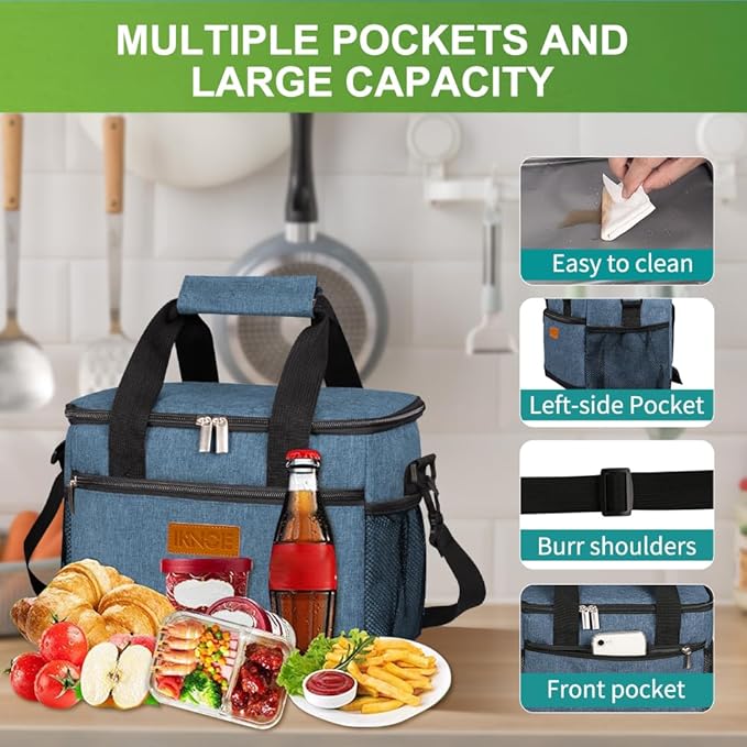 iknoe Insulated Lunch Bag, Foldable 8.5L Cooler Bag for Men & Women, Leakproof Thermal Design, Great for Office, Picnic, Travel, Lunch Box, Blue