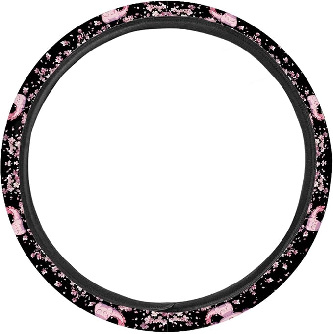 AFPANQZ Cartoon Axolotl Cherry Blossom Car Steering Wheel Cover Non-Slip Rubber Steering Wheel Covers Warm Breathable Steering Wheel Covers Sweat Absorption Car Steering Wheel Covers 15 Inches Pink