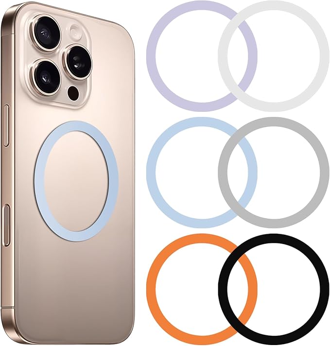 6 Colors Universal Metal Rings Compatible with Magsafe Magnetic Wireless Charger, Adapter Ring Sticker for Cell Phone Case Magnet Wireless Charging, Compatible with iPhone 17/16/15/ Samsung Galaxy