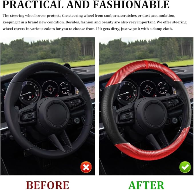 Car Steering Wheel Cover, Steering Wheel Accessories, 15 Inch Microfiber Leather Carbon Fiber Soft Anti-Slip Breathable, Car Accessories Elastic Non-Slip Cover for Most Vehicles (Red)