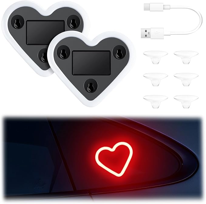 iFunyLED Car LED Interior Lights, Heart-Shaped Ambient Light for Windows, 5 Lighting Modes, Charging Through Type-c and Solar Energy, Car Decorations for Women Men, Pack of 2, (Red)